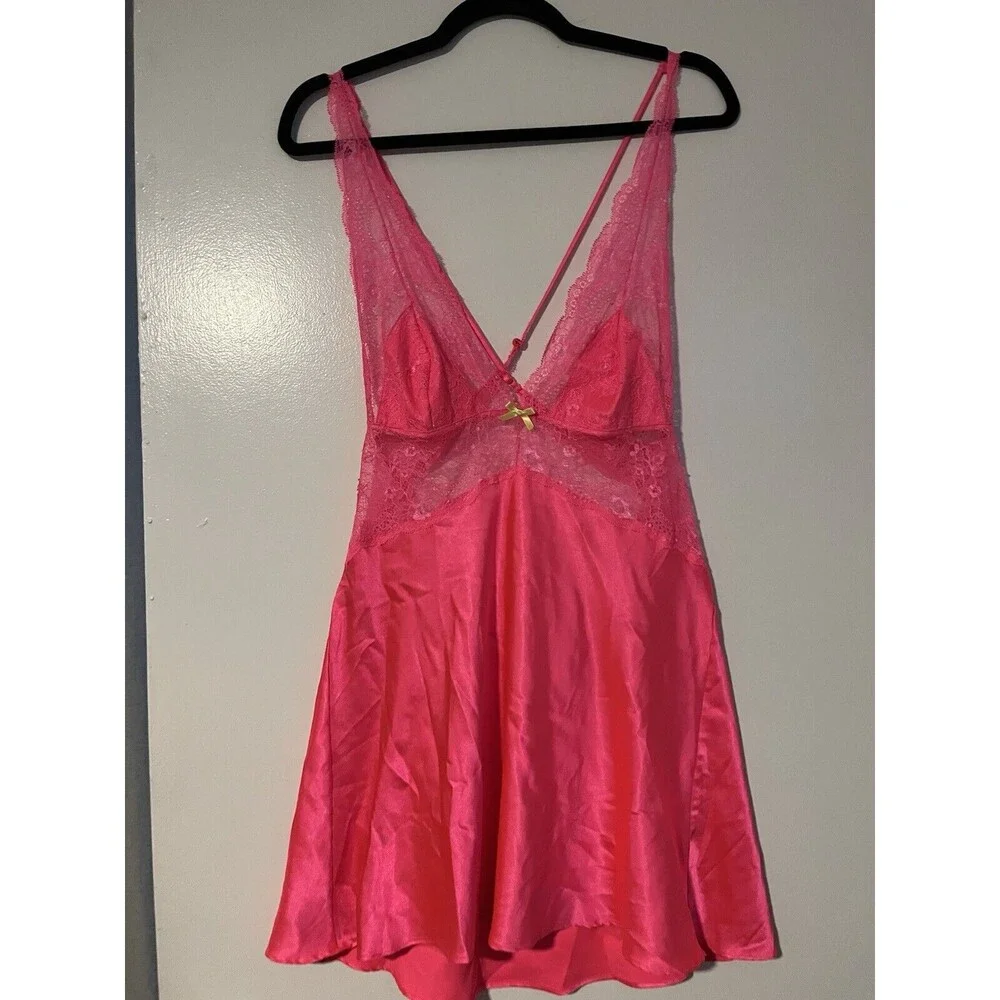 Victorias Secret Hot Pink Satin‎ Lace Slip Dress Crossback Negligee Bow